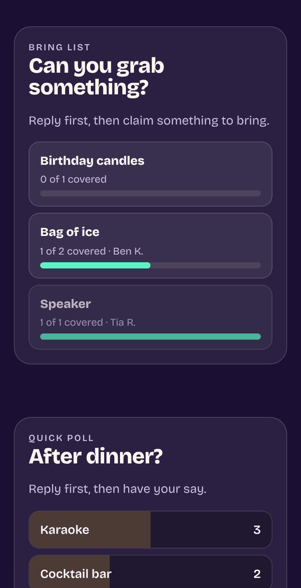 A bring list with birthday candles, a bag of ice and a speaker, and a poll asking what to do after dinner.