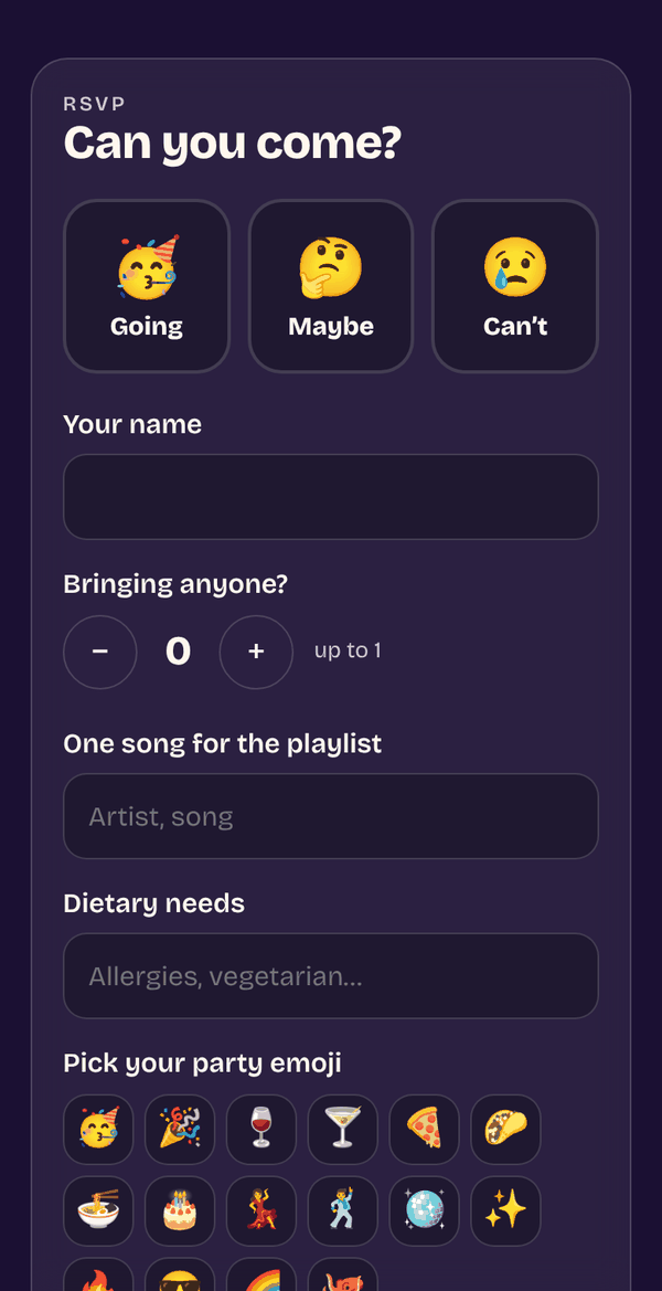 The reply form: Going, Maybe or Can’t, a name, plus-ones, a song for the playlist and dietary needs.